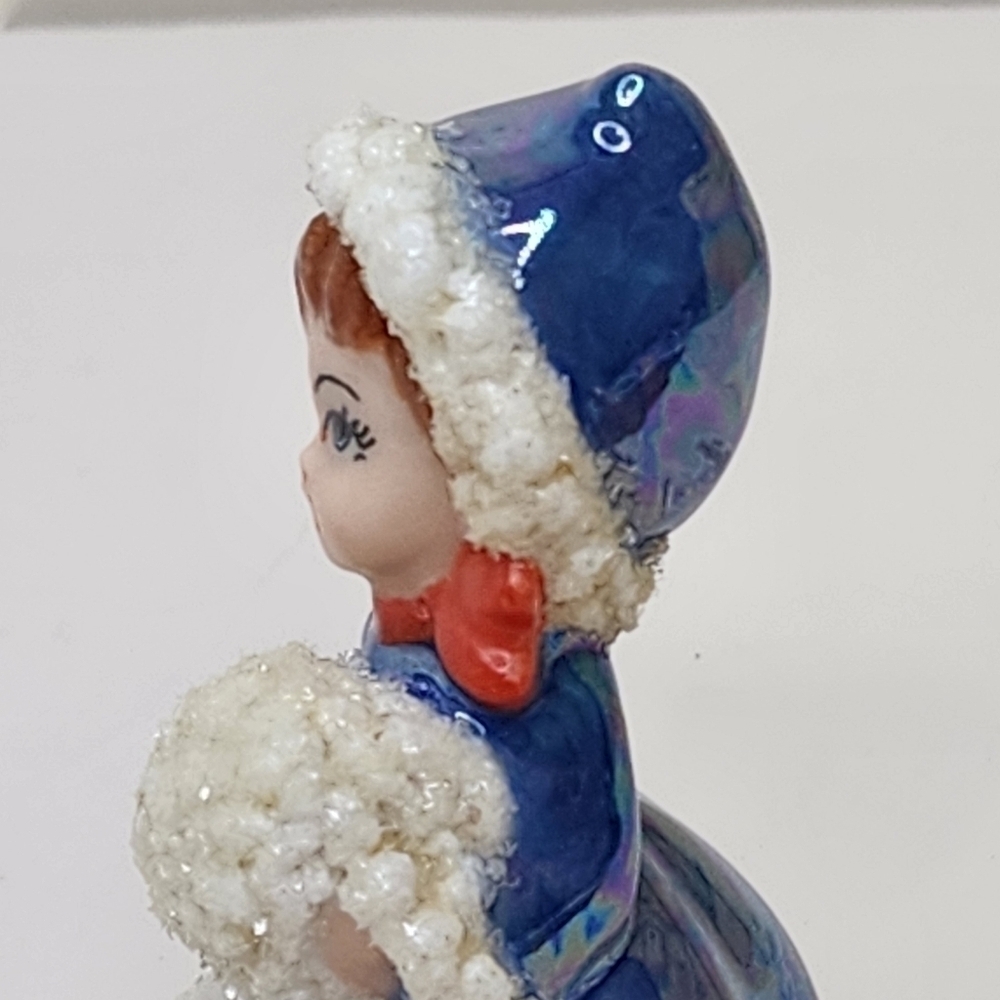 Vintage Christmas Decor Snow Girl Figurine Porcelain Glitter Iridescent - Picture 3 of 10